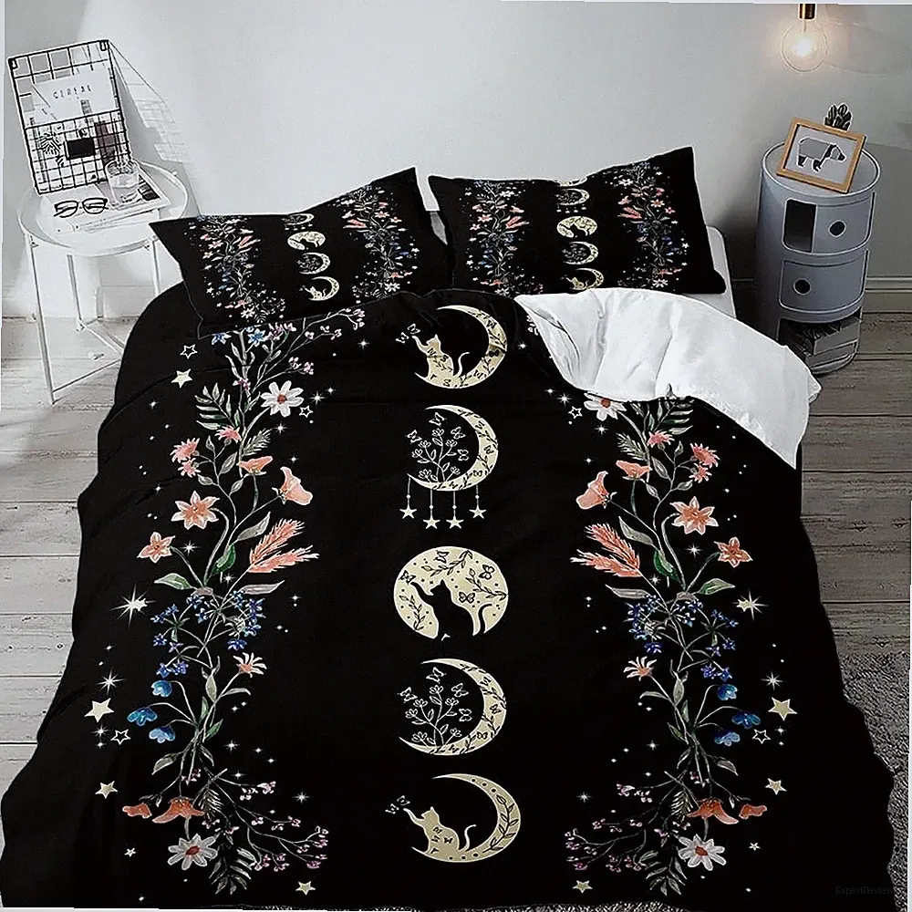 3PCS Black Cat Moon Phase Duvet Cover King Bedding Set, Boho Aesthetic Celest...