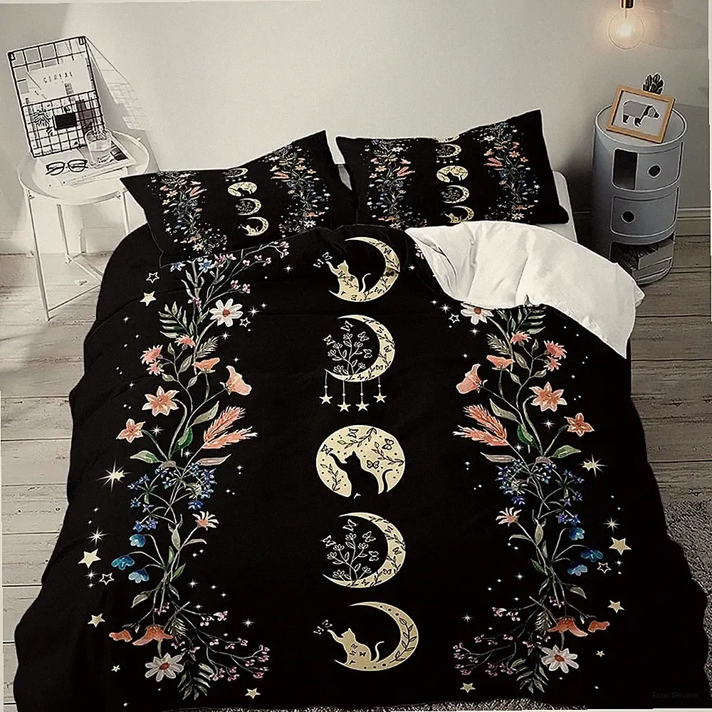 3PCS Black Cat Moon Phase Duvet Cover Queen Bedding Sets, Boho Aesthetic Cele...