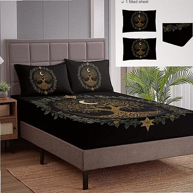 3PCS Black Sheet Set Moon God Tree Fitted Sheet with 2 Pillowcases for Bedroom