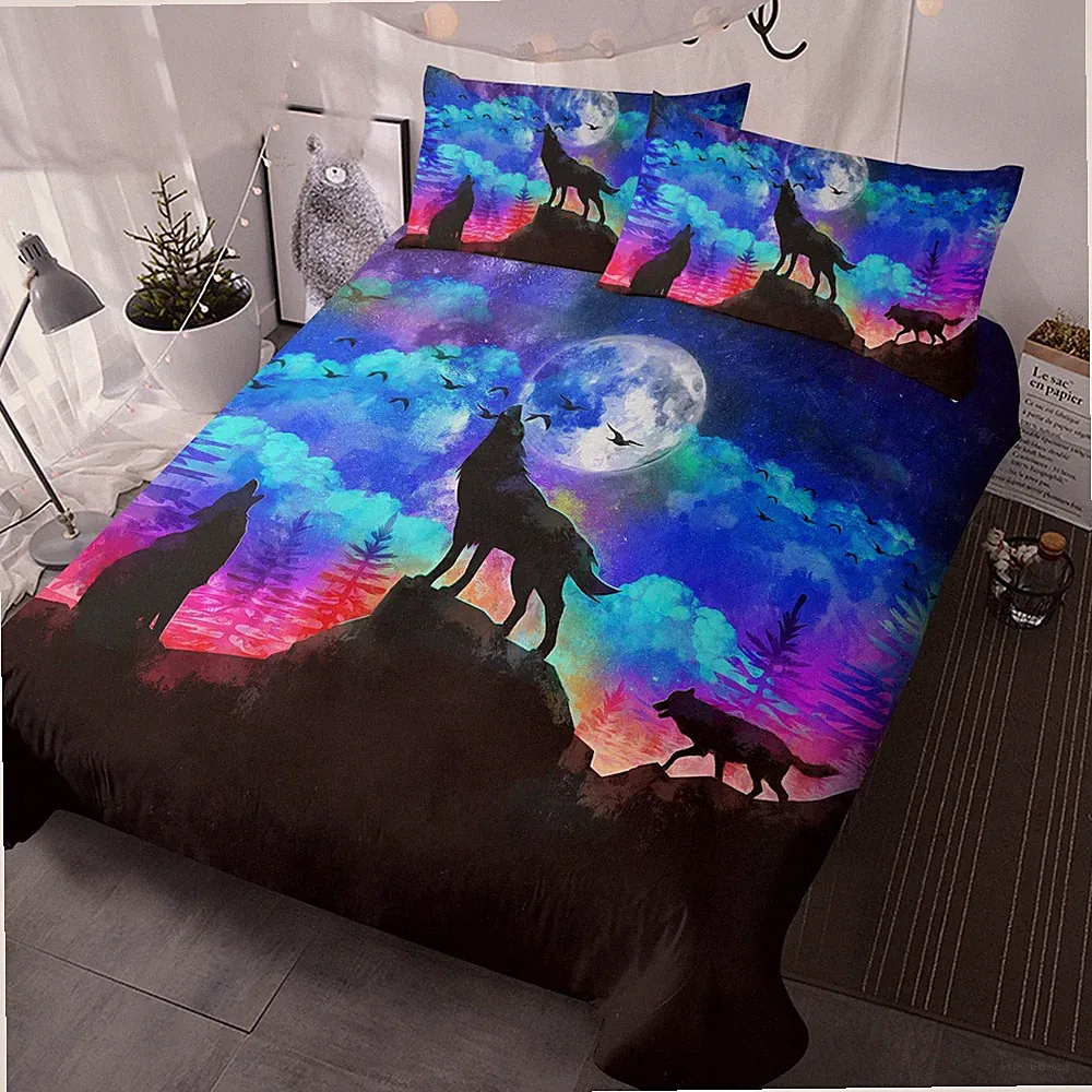 3pcs Wolf Howl Print Duvet Cover with 2 Pillow covers Set Evening Moon Wolf King
