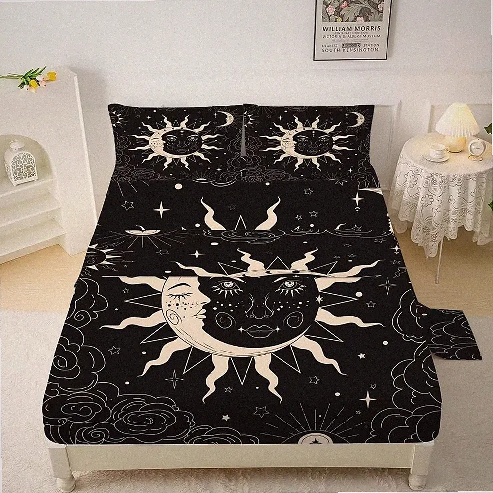 Black Sun & Moon Celestial Bedding Set – Sheets & Pillowcases, New, Full Size