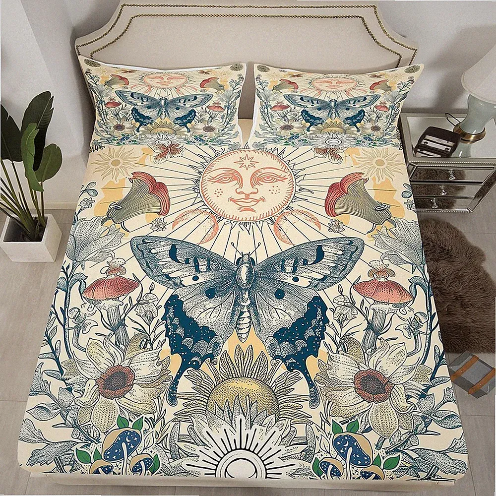 Boho Butterfly Queen Bed Sheets Set - Vintage Floral & Sun Moon Design