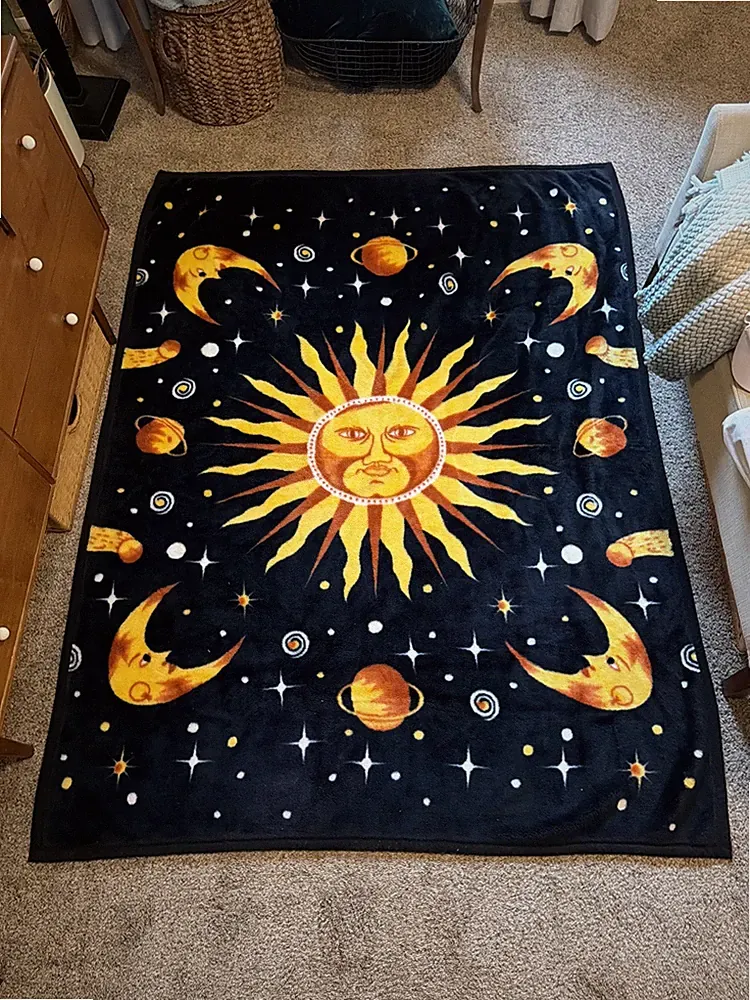 Celestial Blanket Sun Face Crescent Moon Fleece Plush Stars Planetary 80" x 60”