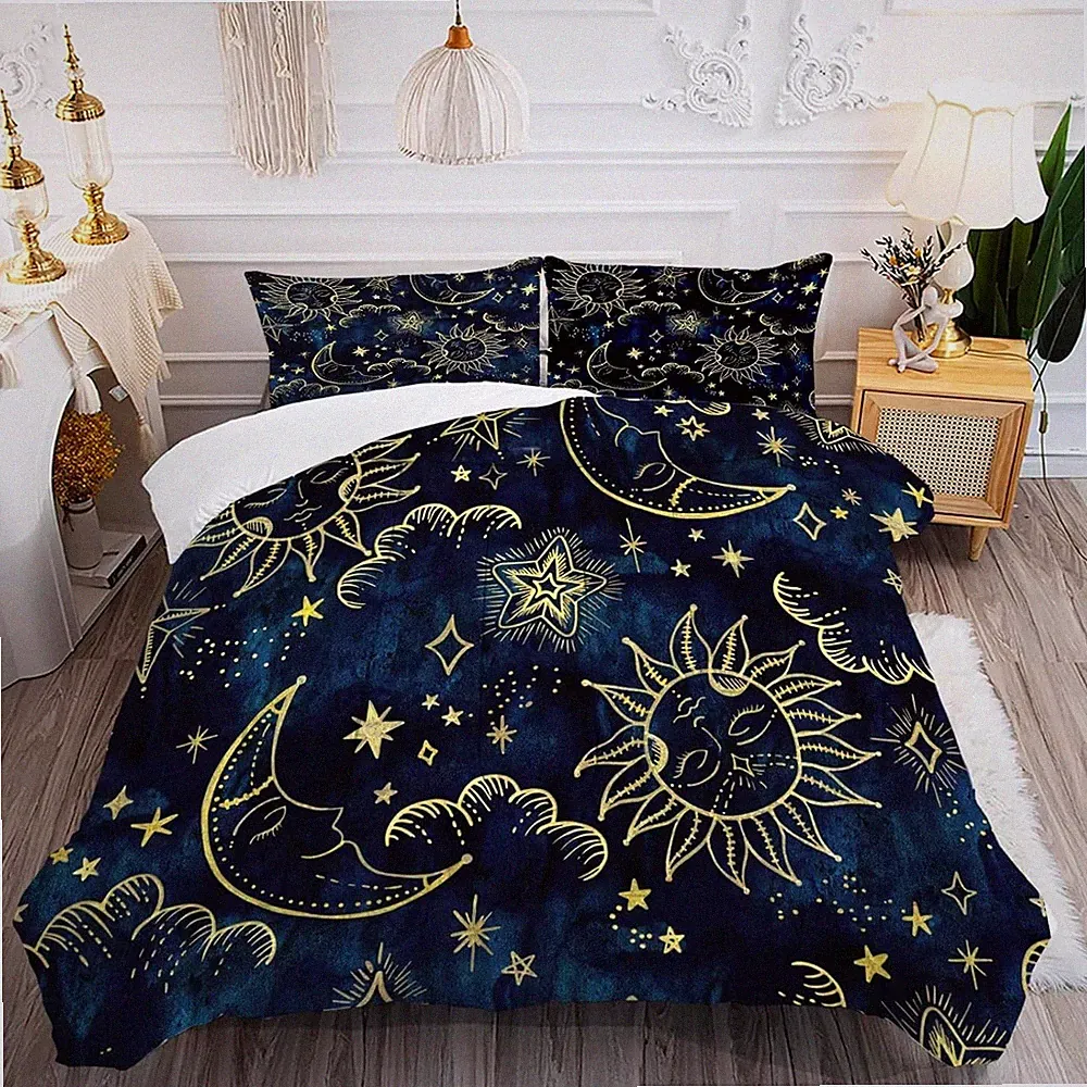 Celestial Comforter Set Full Size Blue Gold Sun Moon Boho Bedding Kids