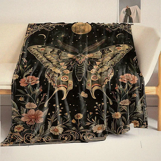 Celestial Moon Moth Floral Print Flannel Blanket - Dark Green with Golden Accent