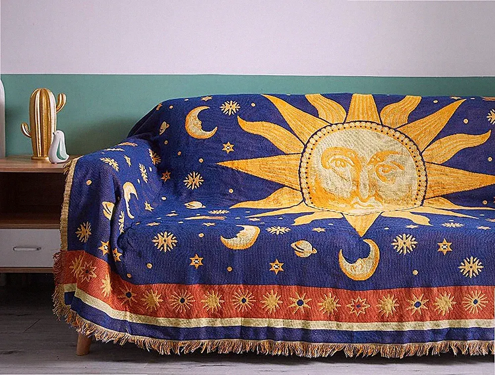 Celestial Sun & Moon Double-Sided Cotton Throw Blanket for Home Decor