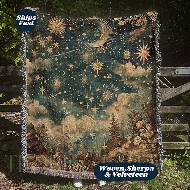 Crescent Moon Stars Woodland Scene Woven Blanket Mystical Fairytale Forestcore