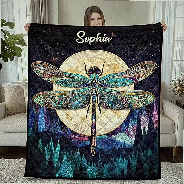 Custom Dragonfly Moon Quilted Blanket Mystical Night Gift for Mom Nature Quilts