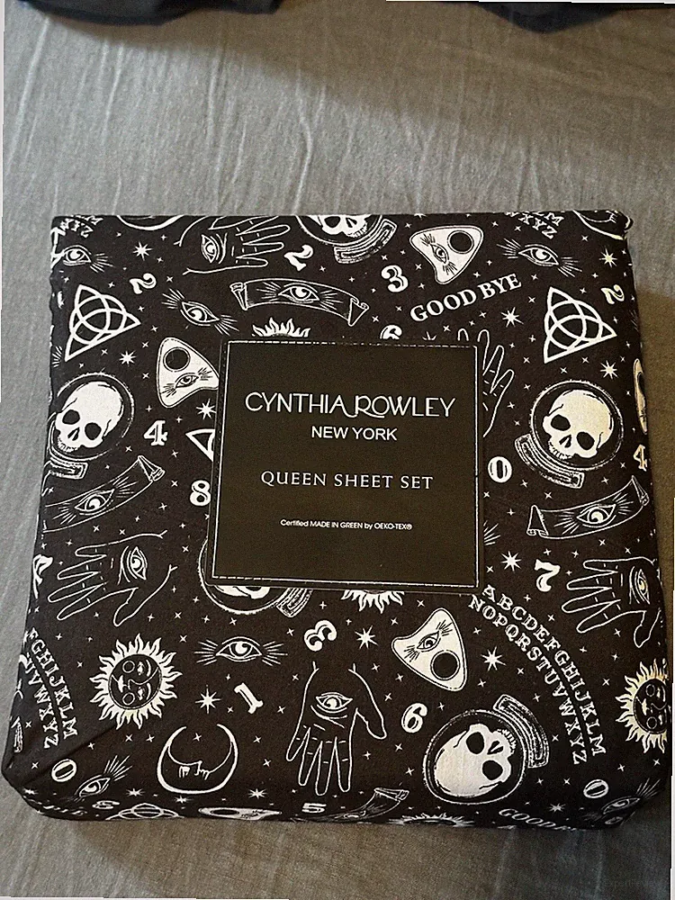 Cynthia Rowley HALLOWEEN QUEEN Sheet Set Black/White Ouija Board Skull Star Moon