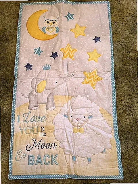 Handmade Love You To The Moon Baby Quilt, Approx 41x23”