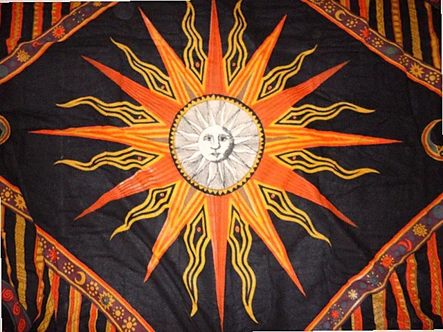 INDIA ARTS CELESTIAL BOHO SUN MOON ORANGE BLACK KING BEDSPREAD SHEET 102 X 88