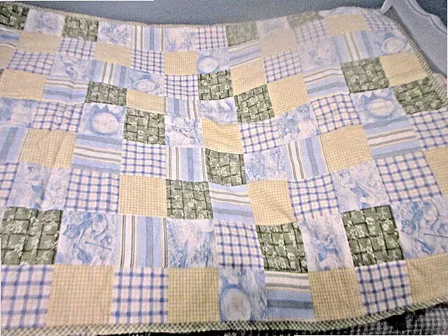 Infant Baby Crib Dust Ruffle & Quilt Patchwork Blue Yellow Green Cow Moon Minky