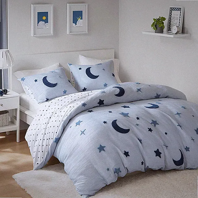 Kids Cosmos Reversible Duvet Set - Blue Star & Moon with Star Pillow, Full/Queen