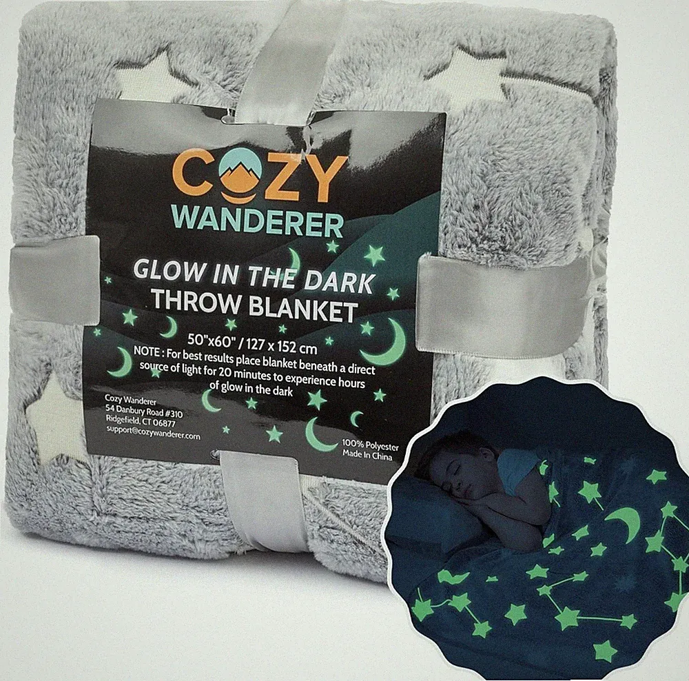 Kids Glow in The Dark Throw Blanket, Ultra-Soft Moon & Stars Gray Fleece Blanket