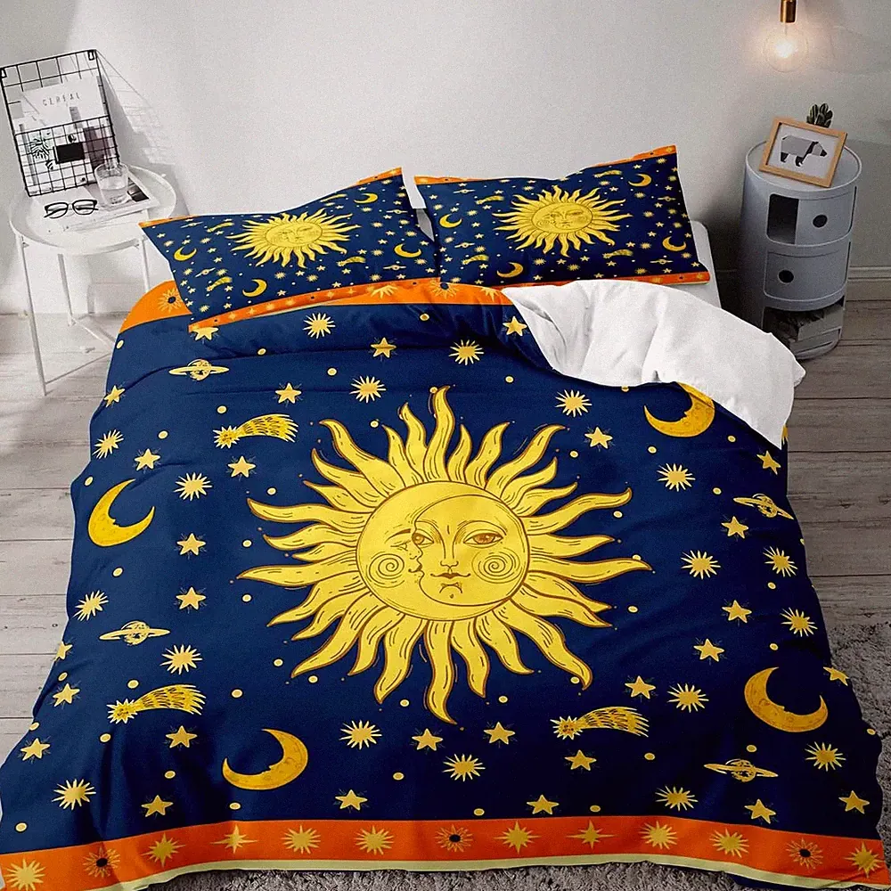 LUVIVIHOME 3PCS Yellow Star Sun and Moon Duvet Cover Queen Bedding Sets, Navy Bl