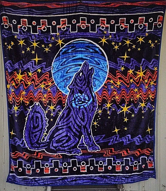 NATIVE WOLF HOWLING AT MOON INDIAN SOUTHWEST COLORFUL QUEEN BLANKET BEDSPREAD