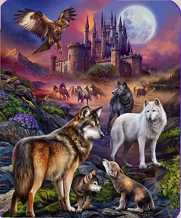 New Wolf Fantasy Throw Blanket Wolves Castle Full Moon Pack Howl Horses Forest