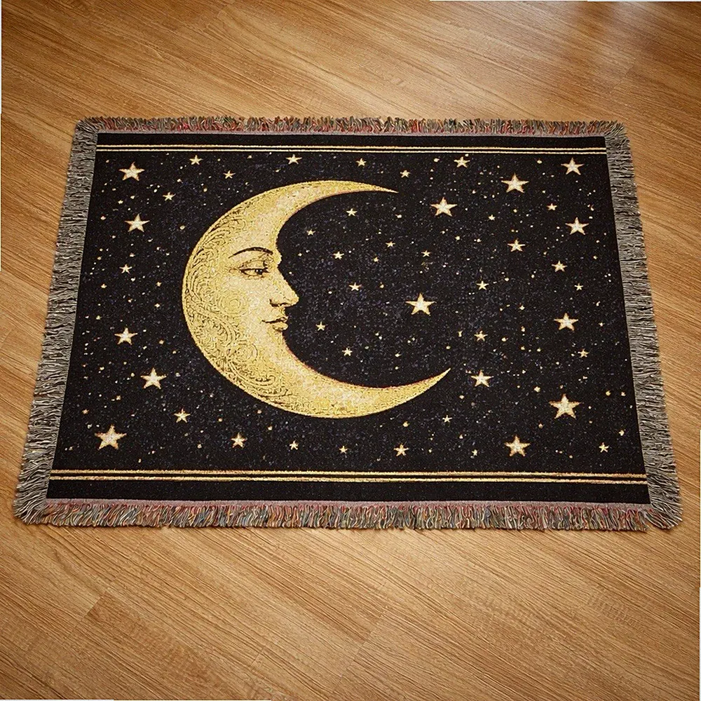Oversized Moon Woven Blanket 80x60 Black Gold Celestial Throw Vintage Astrology