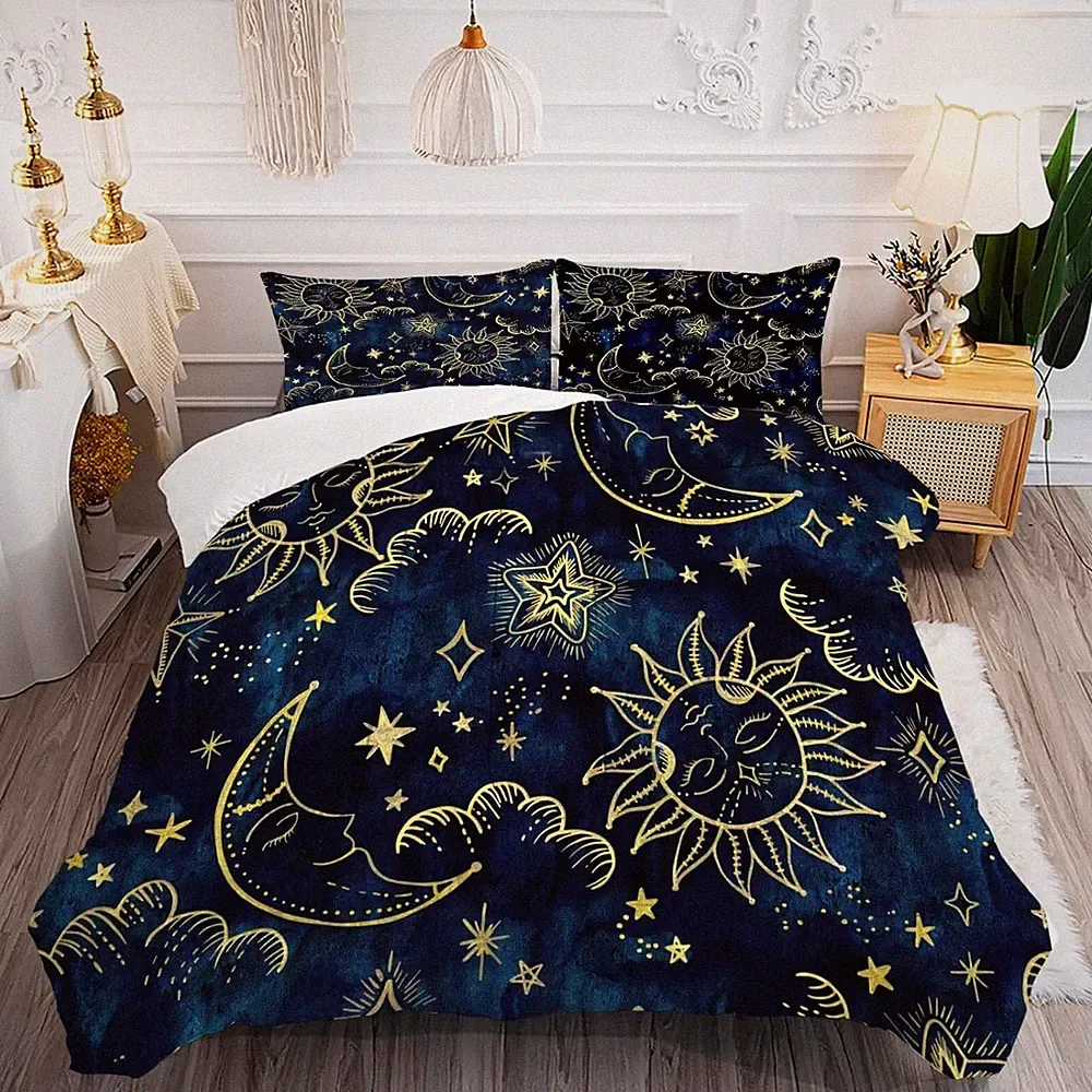 Queen Size Celestial Comforter Set Blue Gold Sun Moon Boho Bedding Set 3Pcs