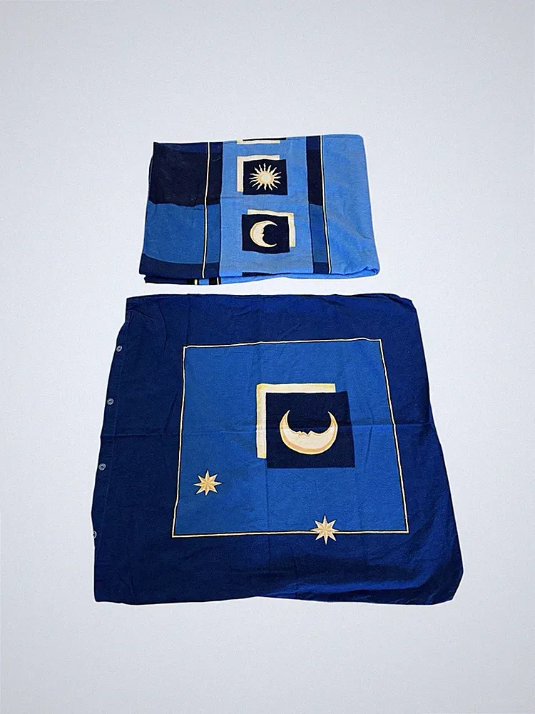 Rare Celestial Moon & Stars Twin Duvet Cover Blue Yellow Sun Bedding “72x49”