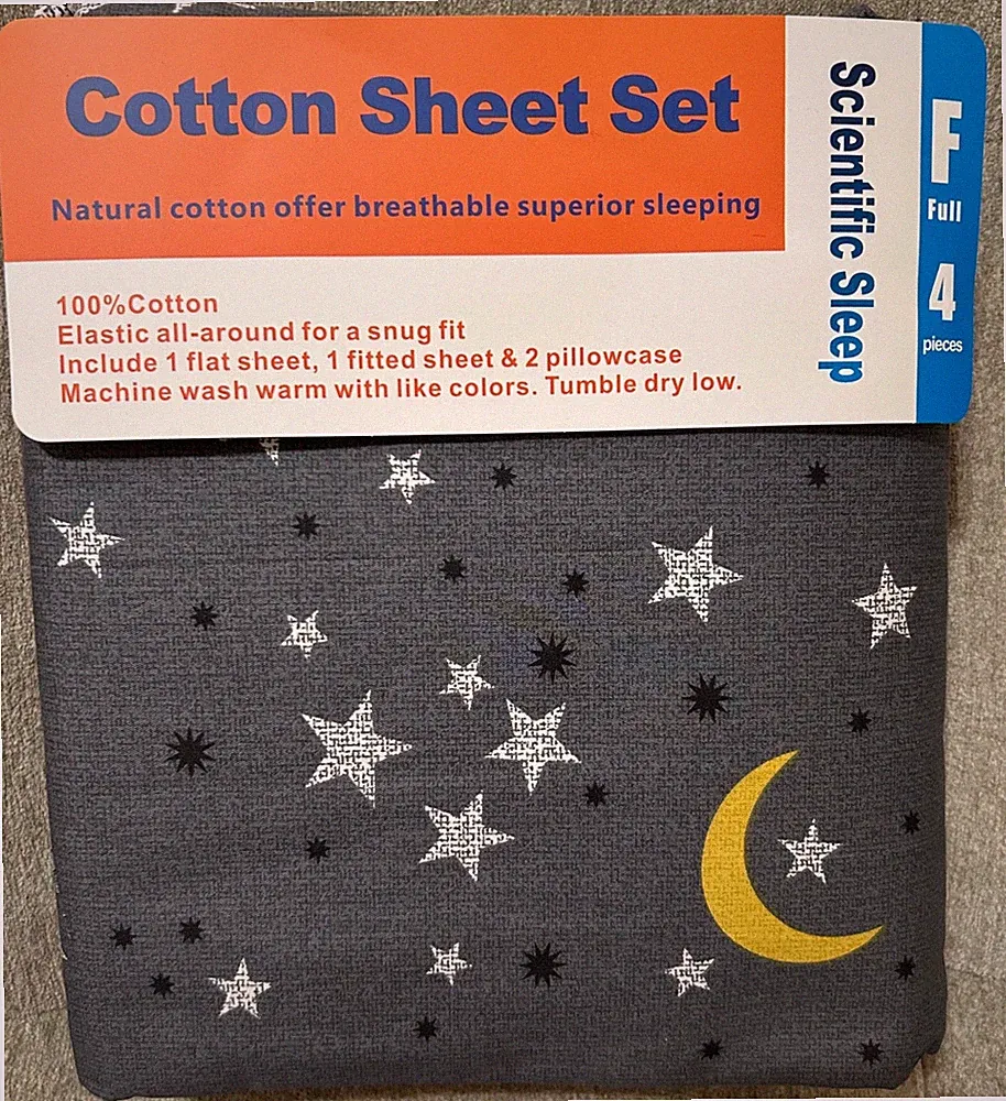Scientific Sleep Moon & Star Night Sky Teen Kids 100% Cotton Full Size Sheet Set