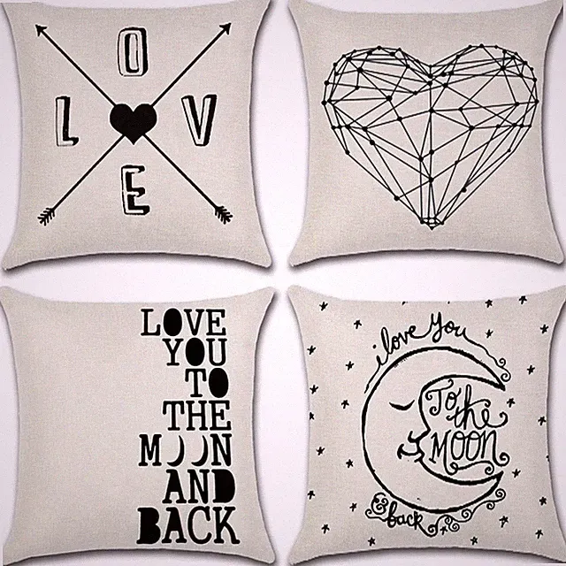 Set of 4 Pillow Covers 18x18, Love You to the Moon Style Linen Fabric