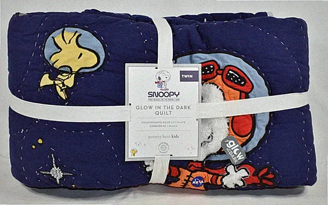 Snoopy On The Moon Space Pottery Barn Kids Glow In The Dark Twin Quilt Blue NEW