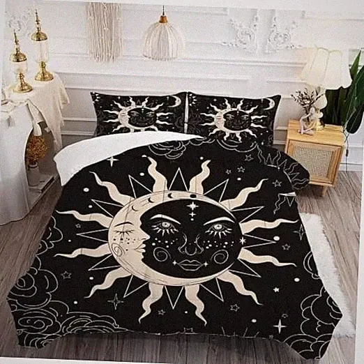 Sun and Moon Size Comforter Set for Girls Women Kids Boho Celestial Full Black