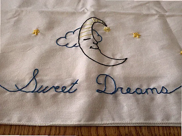 Sweet Dreams Moon Hand Embroidered Pillowcase Standard Pillow Case White NEW