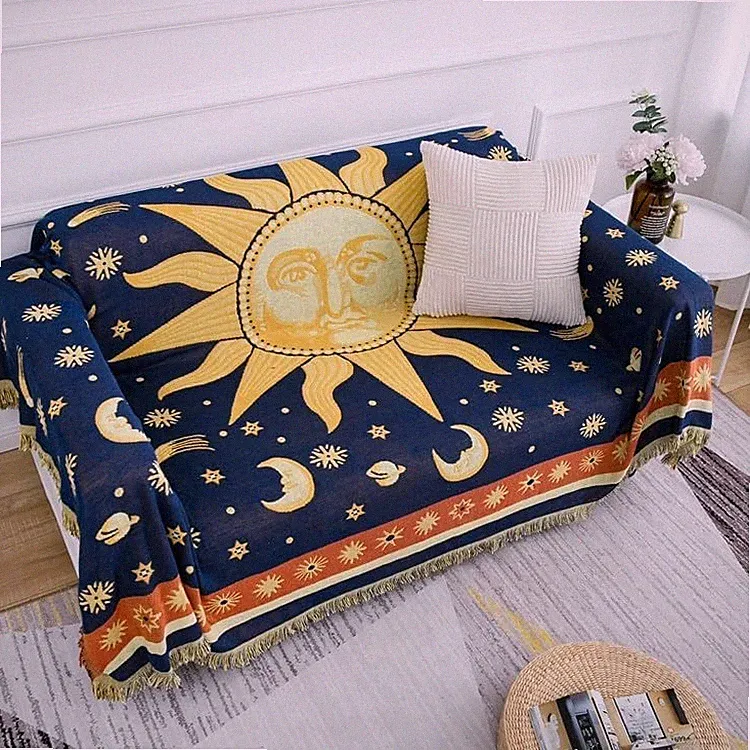 Throw Blanket Sun Moon Stars Boho Throw Blankets Celestial Tapestry Double-Sided