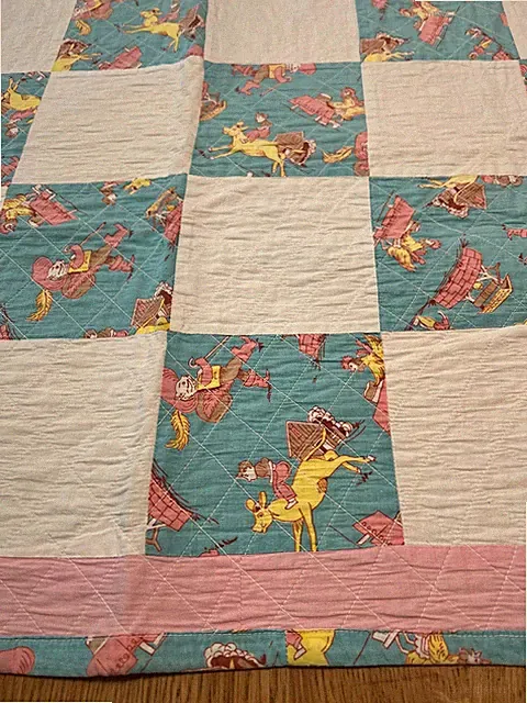 Vintage Nursery Rhyme Quilt White Blue & Pink Puss In Boots Cow Over The Moon