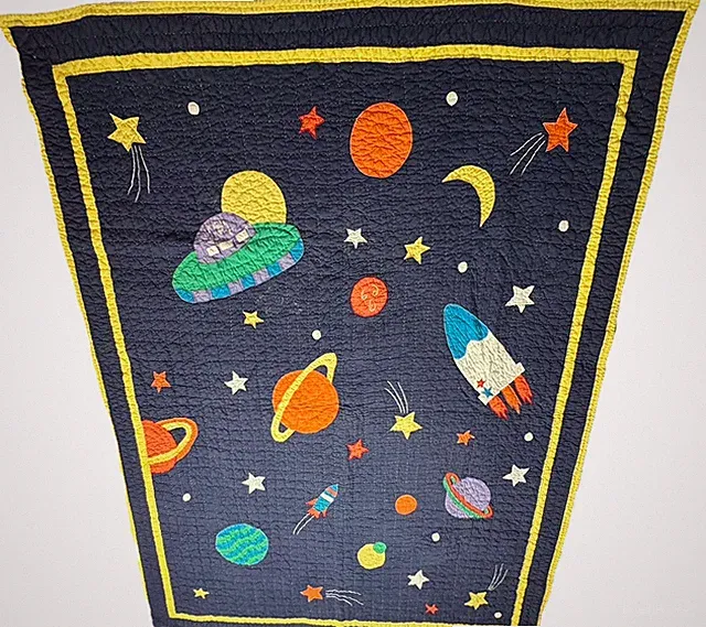 Vintage Space Quilt Twin Size 82x61.5 Rocket Planet Solar System Kids Blanket
