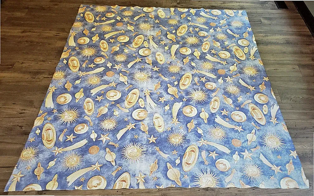 vtg 90s Blue Gold Celestial Print Felt Blanket Queen Bedspread Sun Moon Stars