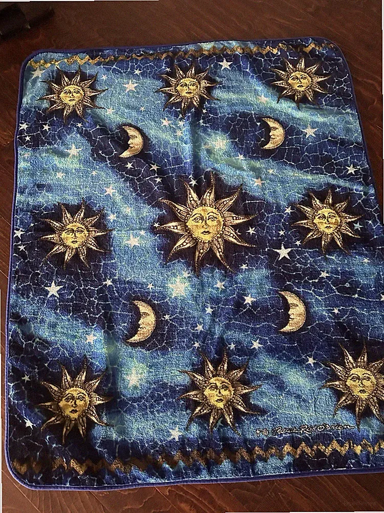 VTG 90s whimsigoth Celestial Sun & Moon Blue yellow fleece Throw