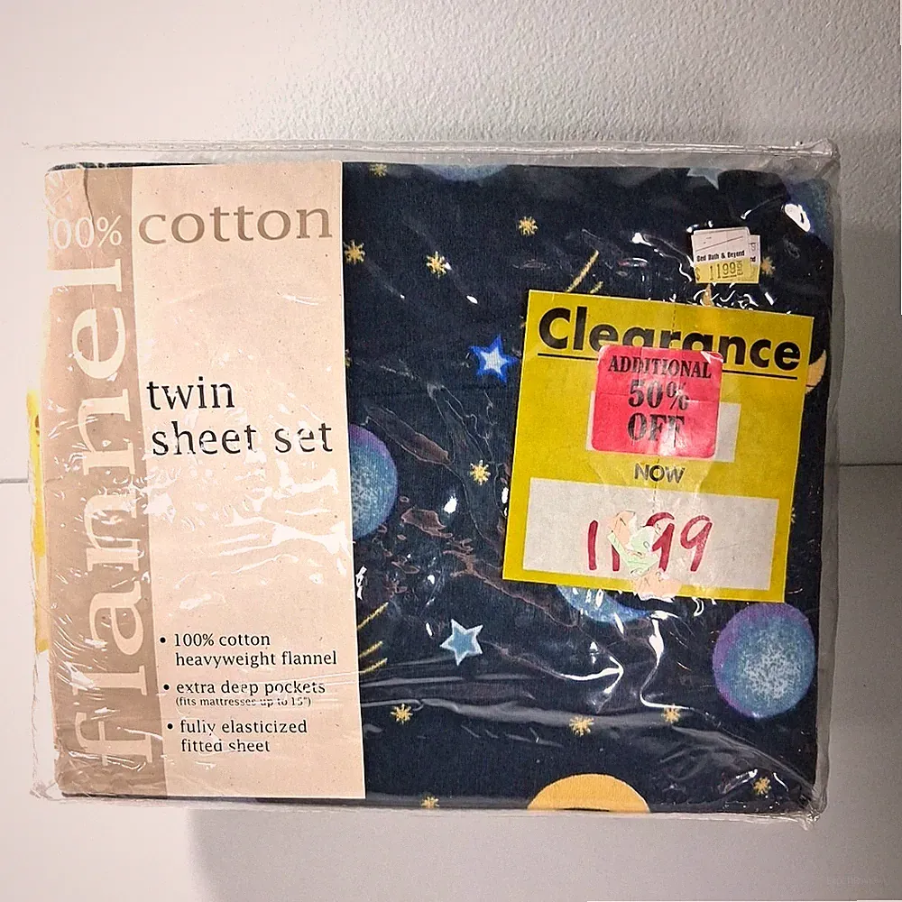 VTG Flannel Cotton Twin Sheet Set Outter Space Stars Moon Plantes Sun Bed Bath
