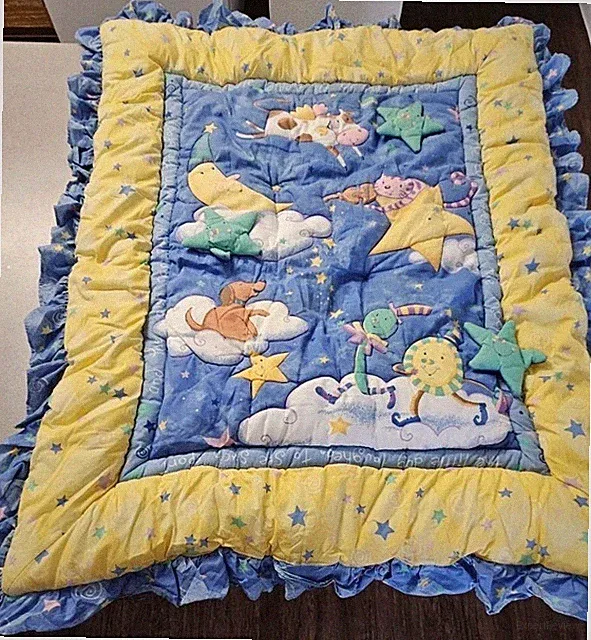 ​Vtg Kids Line Hey Diddle Diddle Crib Bedding Set 5pc Blue Moon & Stars USA Made